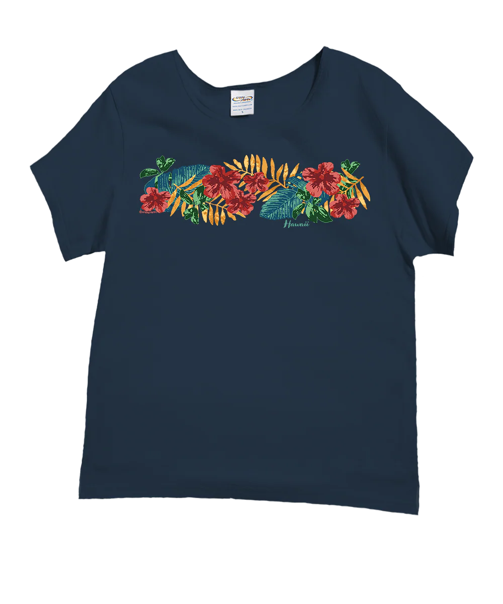 Tropical Leaves Band - Navy Short Sleeve Scoop Neck T-Shirt