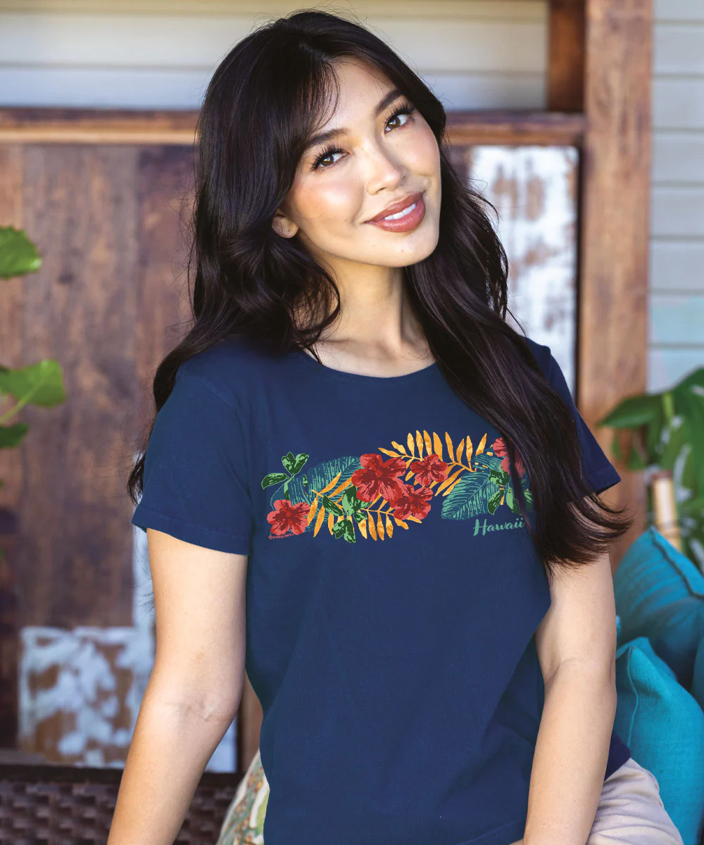 Tropical Leaves Band - Navy Short Sleeve Scoop Neck T-Shirt - Image 2