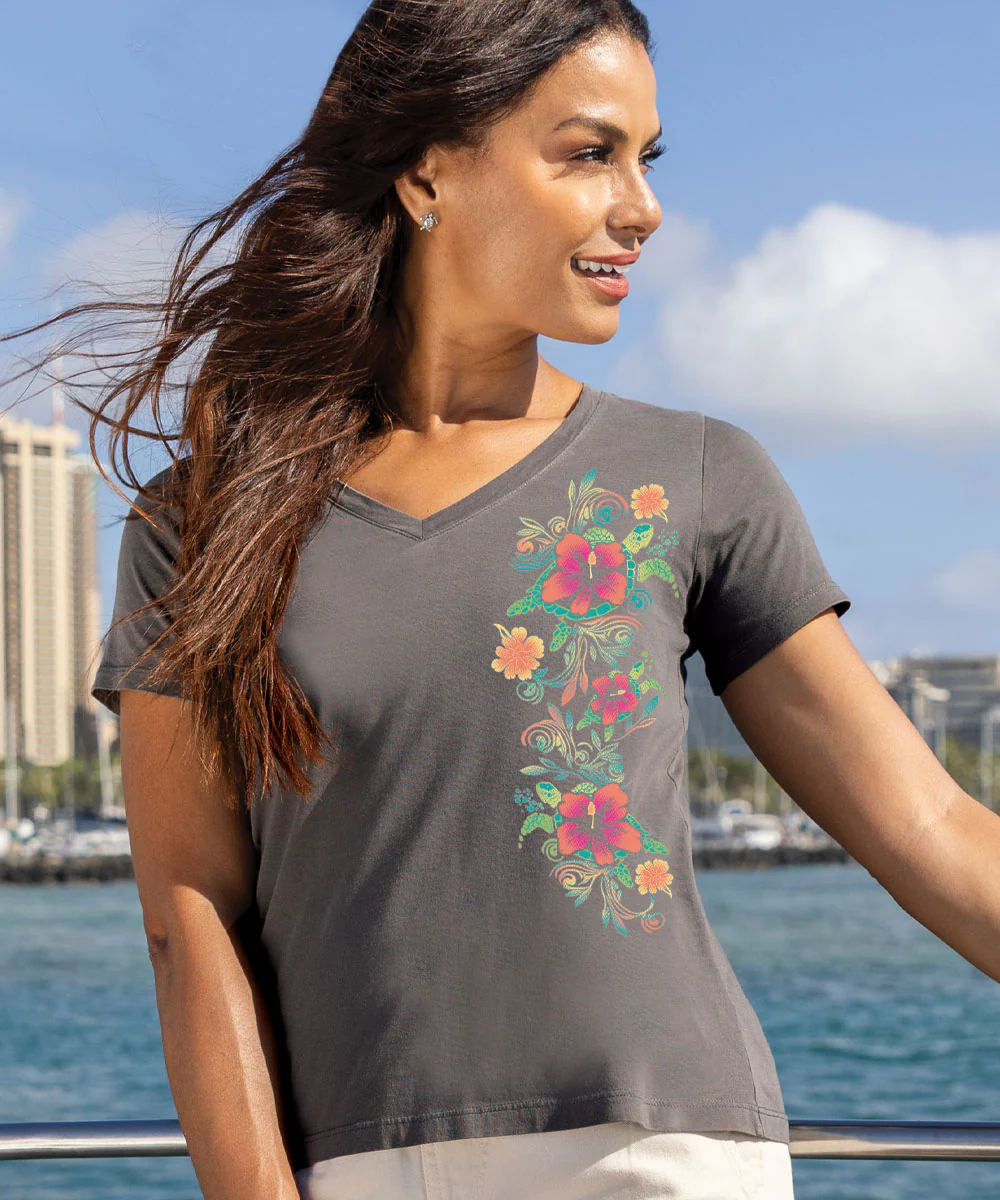 Turtle Dream - Graphite Short Sleeve Pima V-Neck T-Shirt - Image 2