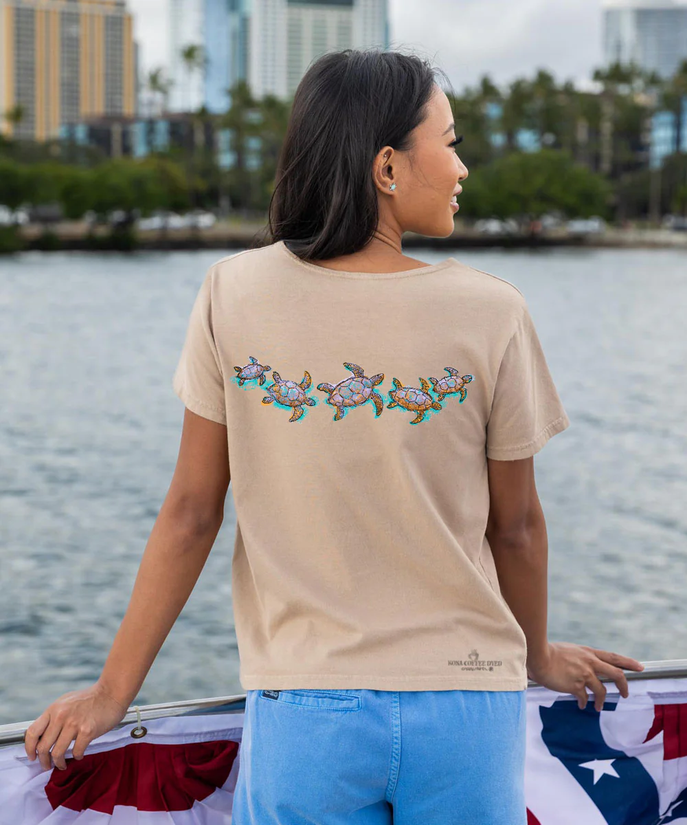 Watercolor Honu - Kona Coffee Dyed Short Sleeve Scoop Neck T-Shirt - Image 3
