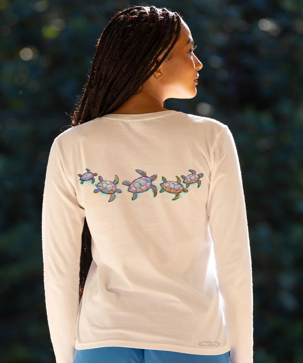 Watercolor Honu - White Long Sleeve Crewneck T-Shirt - Image 3