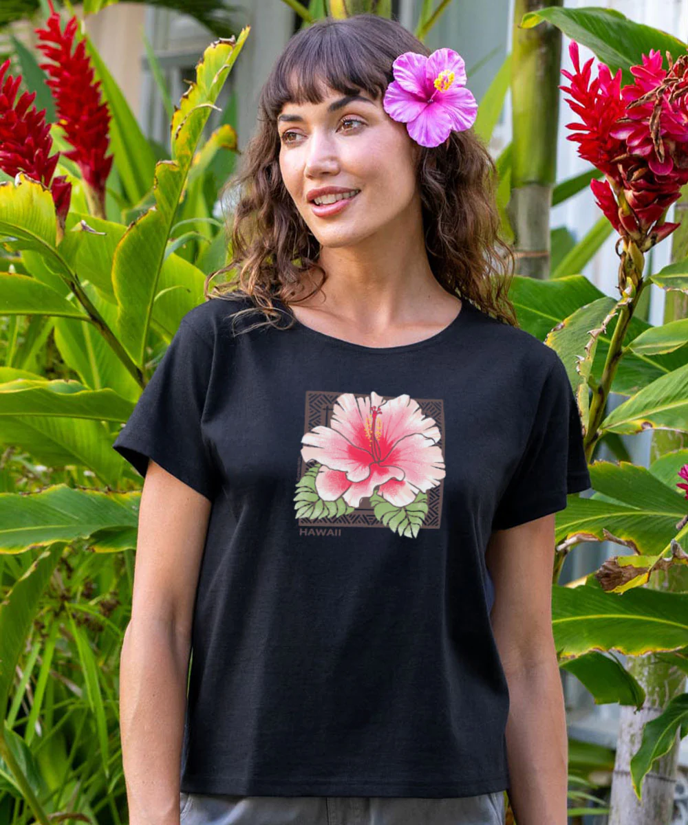 White Hibiscus - Black Short Sleeve Scoop Neck T-Shirt - Image 2