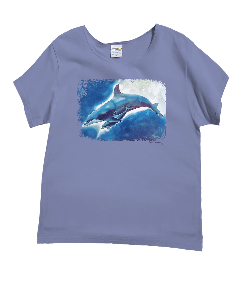 Wyland® Dolphin Block - Lavender Dyed Short Sleeve Scoop Neck T-Shirt