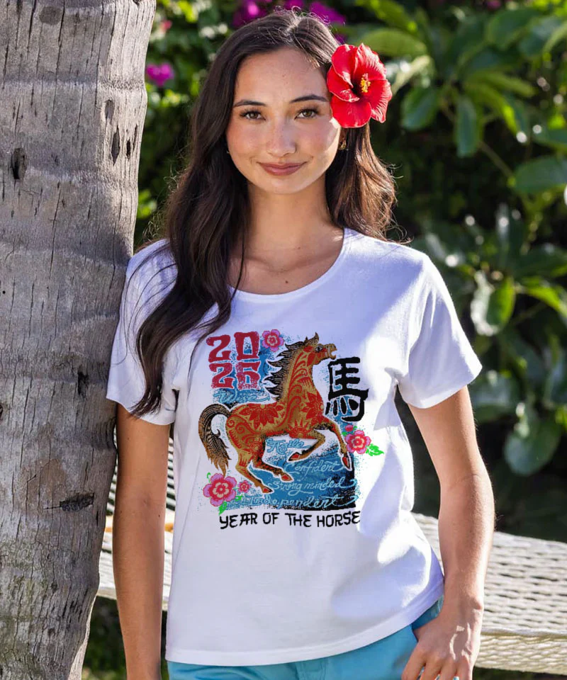 Year Of The Horse 2026 - White Short Sleeve Scoop Neck T-Shirt - Image 2